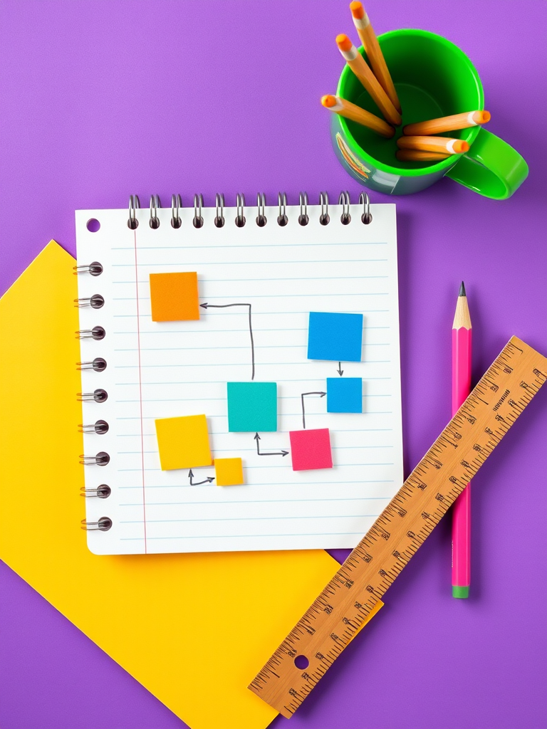 create an illustration of a notepad with colorful flowchart shapes, a green cup with pencils, a wooden ruler, and a pink pencil on a vivid purple background, shot with a Canon EOS 90D using a 50mm lens at f/2.8, ISO 100, 1/200s, overhead view to enhance image quality.