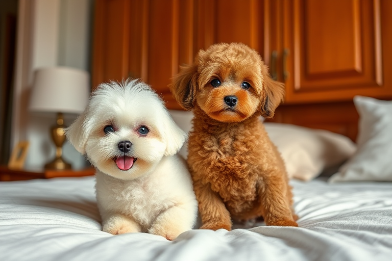 Two adorable small dogs sitting on a bed, one is fluffy white with a happy expression and the other is a cute brown poodle hugging the white dog, a lamp and wooden cabinets are in the background, bright and cozy atmosphere.