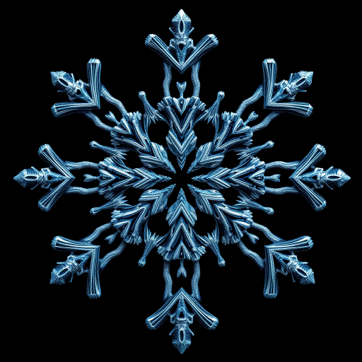 Generate a detailed digital illustration of a symmetrical snowflake design, high resolution, shot with a 50mm lens at f/8 aperture for sharpness, using a digital SLR camera in macro mode to capture intricate details and textures, with a clean black background to enhance contrast.
