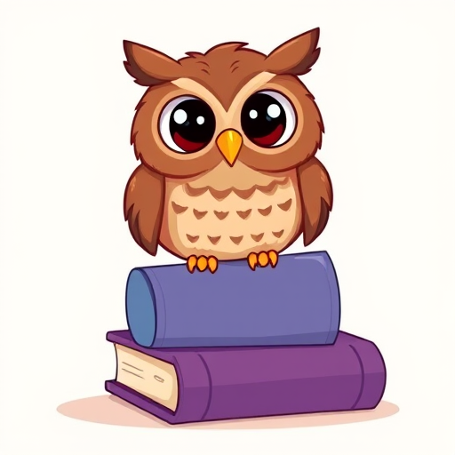 Create a detailed cartoon-style illustration of a cute brown owl with big eyes perched on top of a purple book, using a DSLR camera with a 50mm lens, f/2.8 aperture, ISO 100, soft natural lighting, and a slight tilt-shift effect for enhanced depth of field.