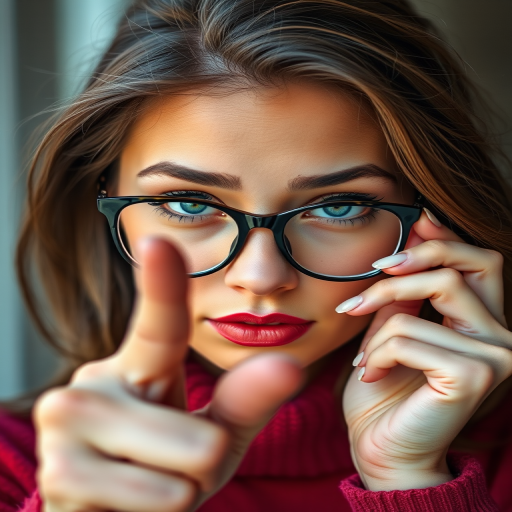 A beautiful blue eyed woman putting on her glasses while pointing her finger at the camera hyper realistic