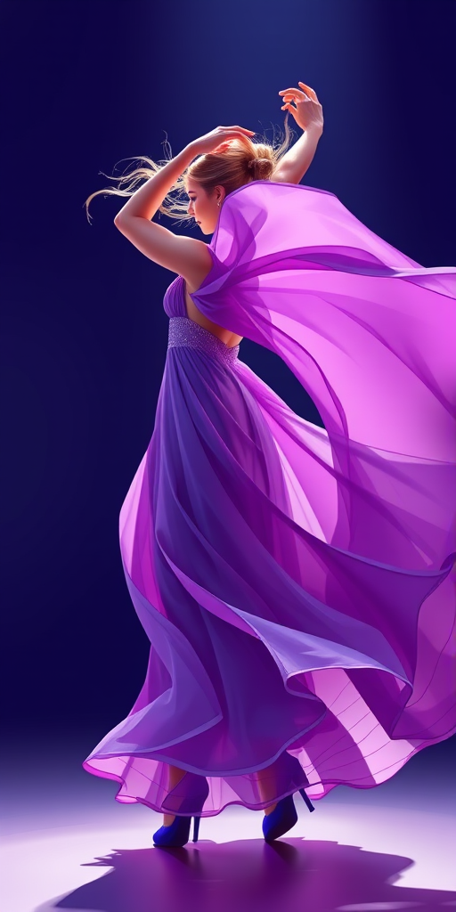 Create a high-resolution illustration of a graceful woman dancing, wearing a flowing gown in shades of purple and blue, captured in a bright and vibrant style, using a Canon EOS R5 camera with a 50mm lens, aperture f/1.8, shutter speed 1/200s, ISO 100, from a low angle perspective to emphasize movement and elegance.