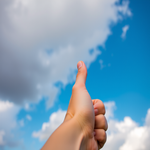A close-up shot of a hand giving a thumbs-up gesture against a backdrop of a cloudy sky, taken with a DSLR camera at f/8 aperture, ISO 200, 1/200 sec shutter speed, focal length of 35mm, cloudy lighting for a soft effect, capturing vibrant colors and details.