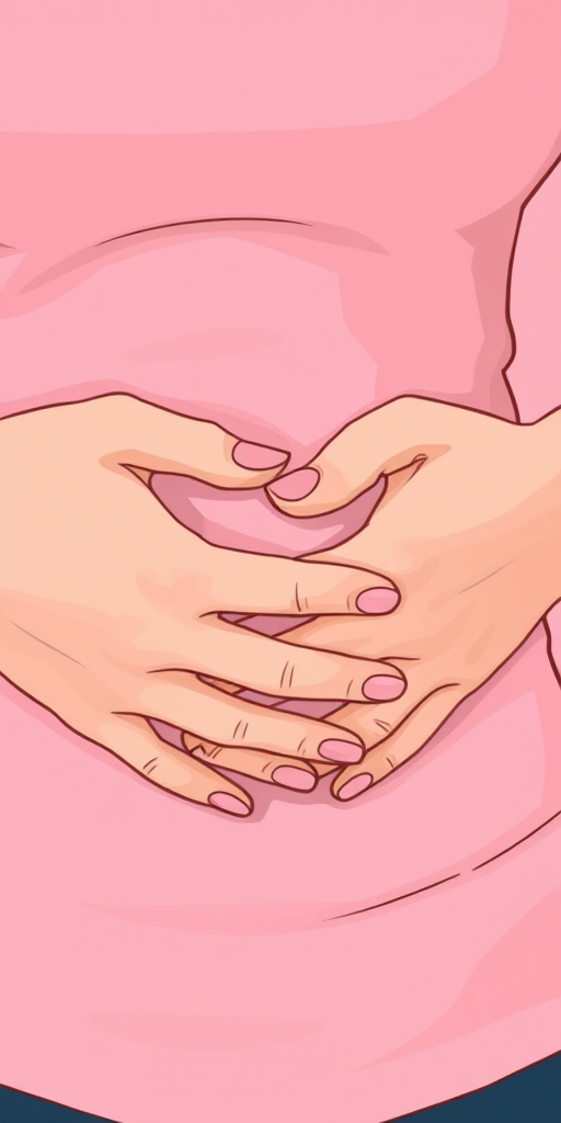 Illustrate a close-up view of a person's hands gently pressing on their stomach, with a soft pink background, using a digital art style; camera settings: ISO 100, f/4, 1/60s; camera view: close-up; camera style: soft focus; camera type: digital illustration.