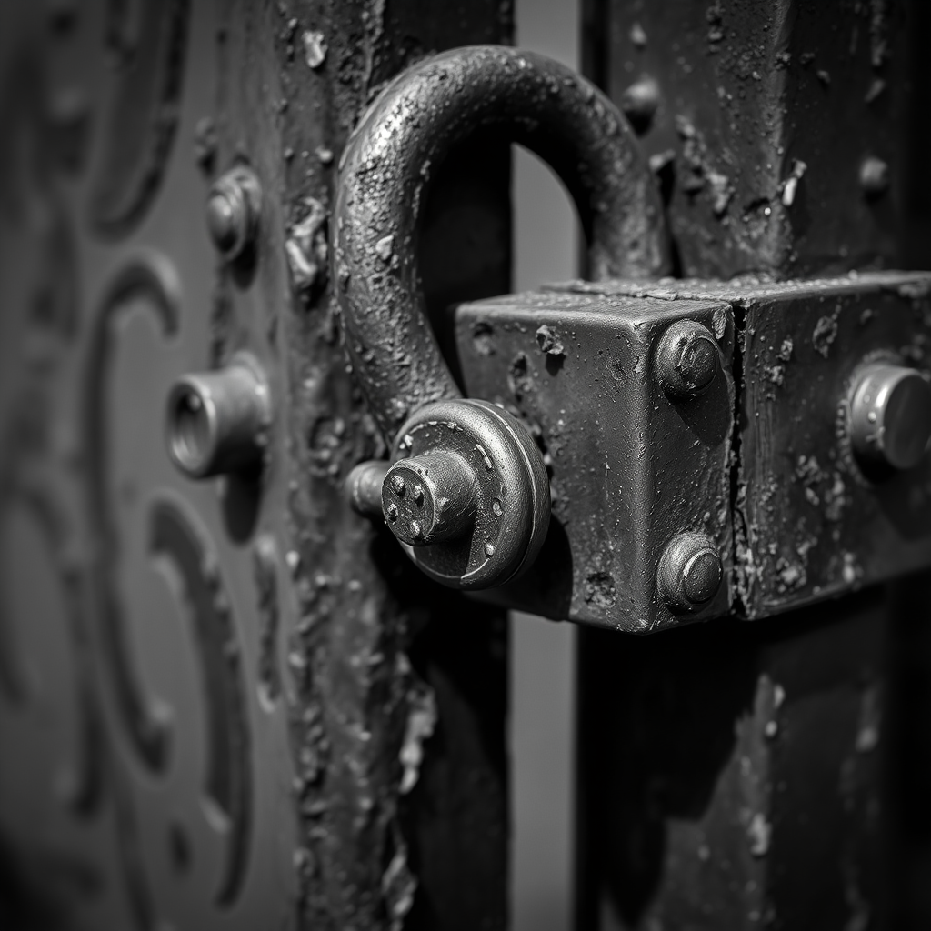 Capture a close-up shot of a rusty gate lock with intricate details using a DSLR camera, 50mm lens, f/2.8 aperture, ISO 100, natural lighting, and shallow depth of field to emphasize the textures and contrasts in black and white.