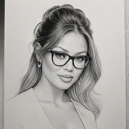 Graceful Vanessa Lachey, pencil sketch, portrait of Sublime woman 1969s in glasses, hair style beatnik, outline, clear lines, fine lines, 8k