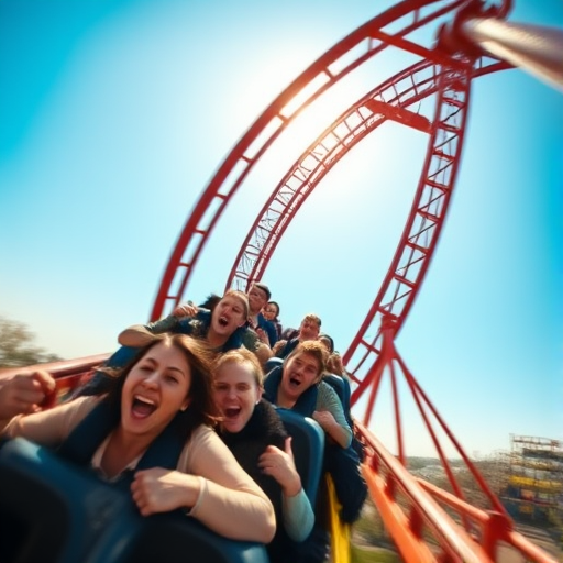 Blurry, high-speed image of a rollercoaster mid-loop, riders' faces filled with a mix of fear and excitement, the bright blue sky in the background, distant screams of other riders, shadows cast by the towering metal structure.