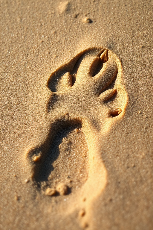Close-up of an animal track in fine sand, shallow depth of field, natural lighting, captured with a DSLR camera at f/2.8, ISO 100, 50mm lens, overhead view.
