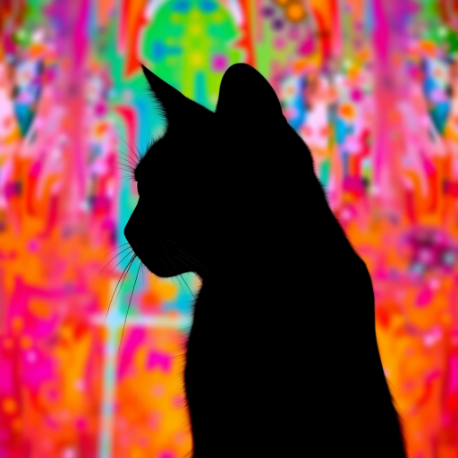 Create a high-resolution image of a stylized black cat silhouette against a vibrant, colorful abstract background, using a DSLR camera, 50mm lens, f/1.8 aperture, ISO 200, and natural lighting to enhance depth and contrast.