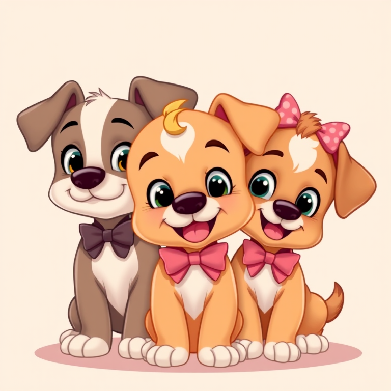 Create a vibrant illustration of three cartoon puppies with expressive eyes and playful poses, two with bows and varying fur colors, set against a simple background, captured with a DSLR camera, using 50mm lens, aperture f/2.8, ISO 200, and natural lighting to enhance colors and details.