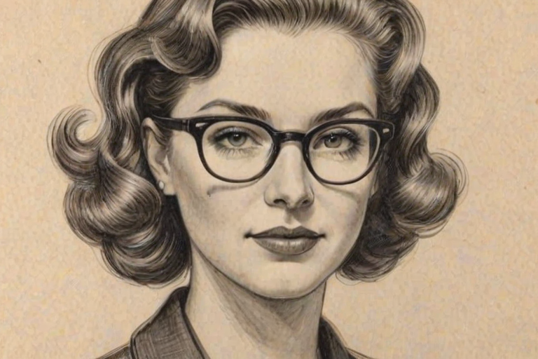 Charming Sophie Bush, pencil sketch, portrait of Delightful woman 1942s in glasses, hair style beatnik, outline, clear lines, fine lines, 8k