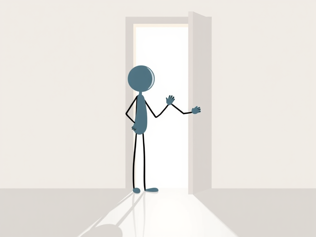 Create an illustration of two stick figure characters interacting at a door, one entering and one exiting, with a clean, minimalist design, soft shadows, and bright lighting, using a 35mm lens at f/2.8, ISO 100, with a wide angle view, rendered in high resolution using a digital art style.