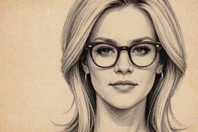 Charming Dixie Chicks, pencil sketch, portrait of Charming woman 1969s in glasses, hair style beatnik, outline, clear lines, fine lines, 8k
