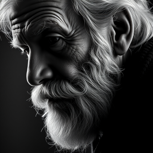 portrait of an elderly man with a beard, high contrast monochromatic, side profile view, soft lighting, Canon EOS 5D Mark IV, 50mm f/1.8 lens, aperture f/2.8, shutter speed 1/125s, ISO 100, high dynamic range, detailed textures