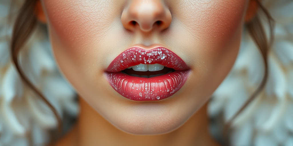 Angelic woman lips enhanced with frosted white shimmer, full face capture evoking ethereal beauty and celestial grace