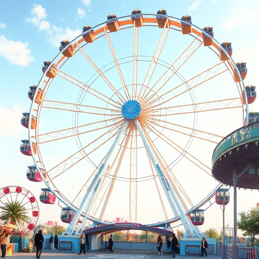 Create a detailed illustration of a large Ferris wheel, captured in a high-resolution format with a 50mm lens at f/8 aperture, ISO 100, with a wide-angle view and vibrant colors, showcasing the intricate design of the wheel and its surrounding environment in soft daylight.