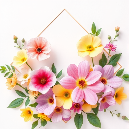 Create a vibrant floral arrangement featuring watercolor flowers in soft pinks, yellows, and purples with green leaves, framed by a geometric diamond shape against a light background, shot with a Canon EOS R, 50mm lens, f/2.8 aperture, ISO 100, in natural light to enhance color richness and details.