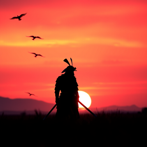 Generate an image of a silhouette of a samurai standing in a field at sunset, with vibrant gradients of pink and orange in the sky, surrounded by flying birds and distant mountains in the background, captured with a DSLR camera at f/5.6 aperture, 50mm lens, ISO 100, shot from eye level to highlight the dramatic lighting.