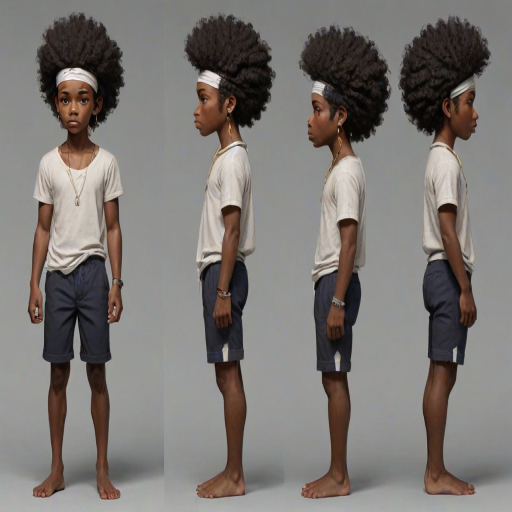 front view, side view, back view, multiple views, reference sheet, full body,TylerNguyen, 1boy, curly hair, black eyes, dark skin, afro, headband, earrings