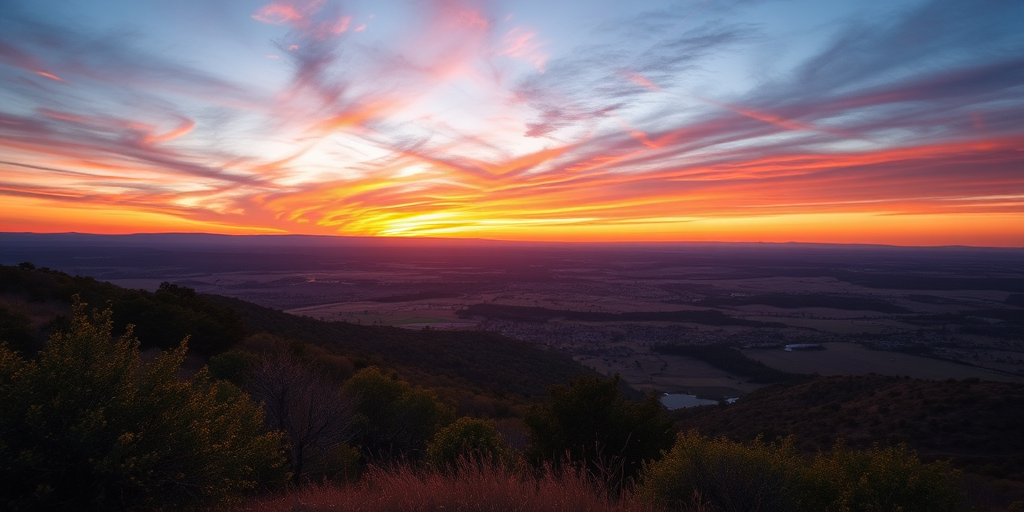 Generate an image of a tranquil landscape at sunset with vibrant colors, using a DSLR camera, aperture f/8, shutter speed 1/125 sec, ISO 200, wide-angle lens, taken from a high vantage point for expansive view.