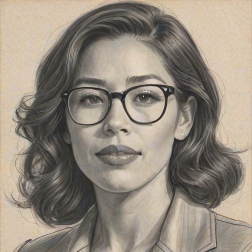 Ravishing Michaela Conlin, pencil sketch, portrait of Elegant woman 1941s in glasses, hair style beatnik, outline, clear lines, fine lines, 8k