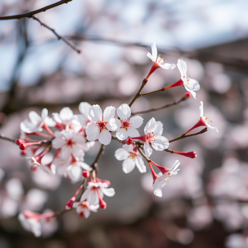Photo of delicate cherry blossom branches in soft focus with a blurred background, captured with a Canon EOS R5, 50mm lens, aperture f/1.8, ISO 100, natural light, shallow depth of field to emphasize the flowers.