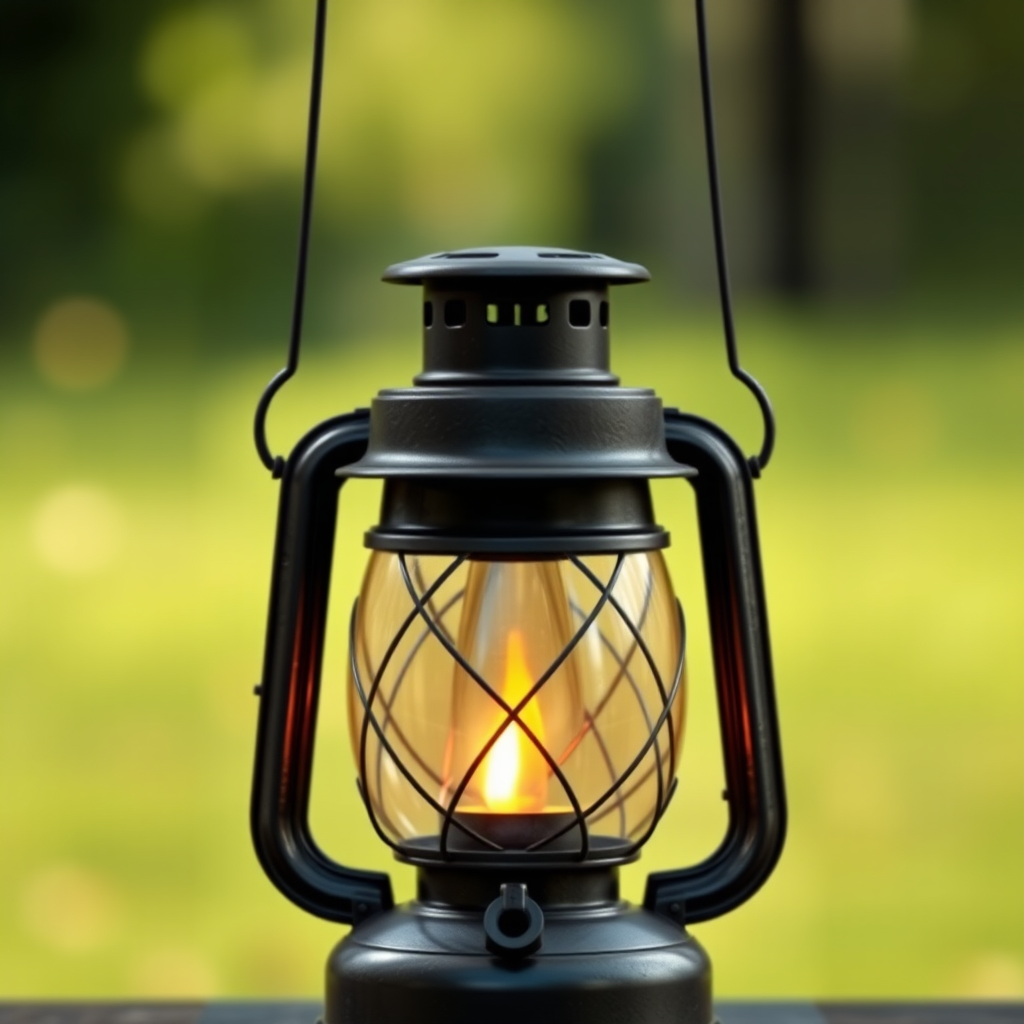 Create a realistic render of a vintage lantern with a glowing flame, captured from a slightly elevated angle, using a DSLR camera, aperture f/2.8, shutter speed 1/60 sec, ISO 200, natural light for enhanced clarity and detail.