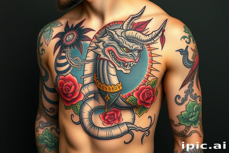 Neo-traditional tattoo named "Modern Mythology" combining classic tattoo imagery with contemporary styling bold lines and a expanded color palette