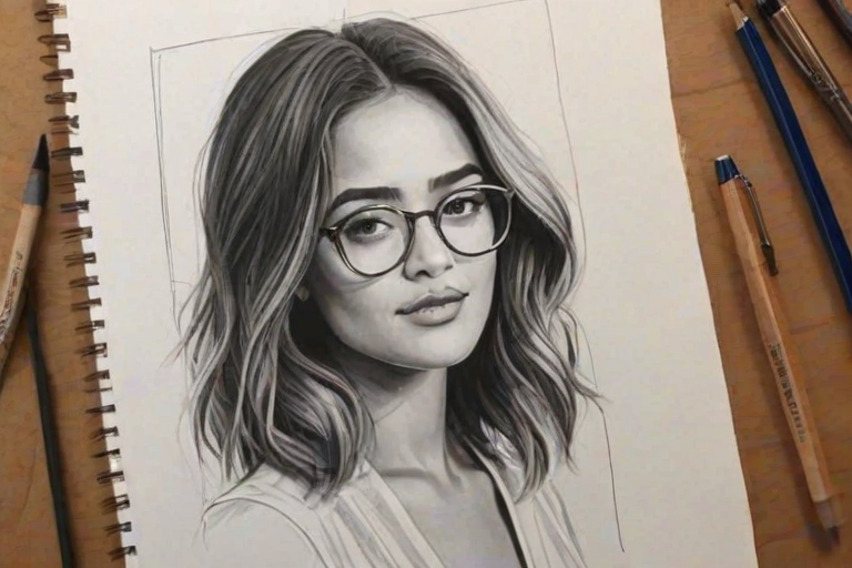 Fetching Shay Mitchell, pencil sketch, portrait of Sublime woman 1927s in glasses, hair style beatnik, outline, clear lines, fine lines, 8k