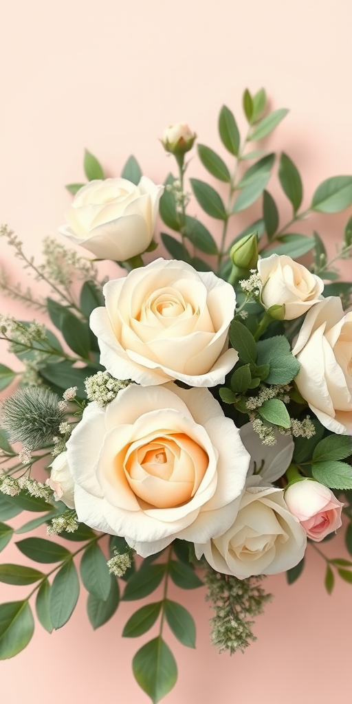 Create an illustration of a floral arrangement featuring white roses and greenery, with a soft pastel background, captured with a DSLR camera at f/2.8, 50mm lens, natural light, shallow depth of field, top-down view, vibrant color grading.