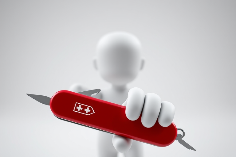 A 3D figure holding a red Swiss Army knife, white background, soft lighting, depth of field effect, camera settings: f/2.8, ISO 100, shutter speed 1/125s, camera view: eye level, camera style: realistic, camera type: DSLR.