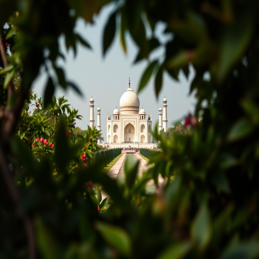 Capture a high-resolution image of the Taj Mahal through lush foliage with a shallow depth of field, using a DSLR camera, aperture f/2.8, shutter speed 1/200 sec, ISO 100, 50mm lens, bright daylight.