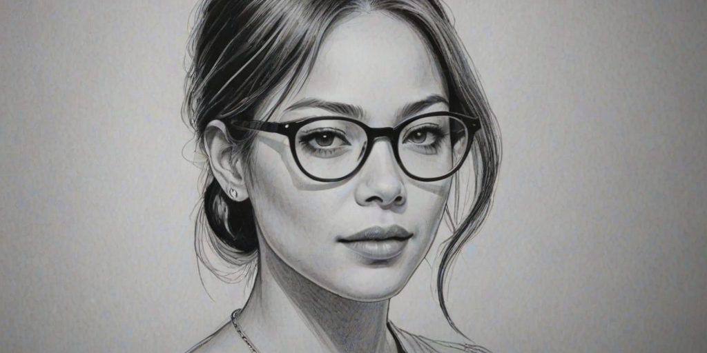 Resplendent Kristin Kreuk, pencil sketch, portrait of Exquisite woman 1922s in glasses, hair style beatnik, outline, clear lines, fine lines, 8k