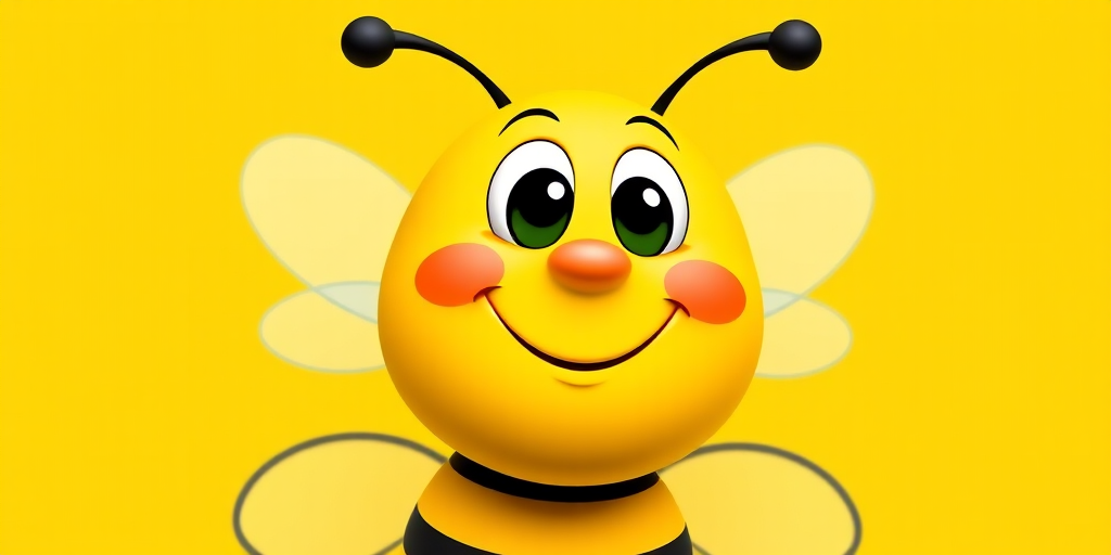 Create a colorful cartoon bee character with a happy expression on a bright yellow background, capturing it with a DSLR camera at f/2.8, ISO 200, 50mm lens for a sharp focus and vibrant colors.