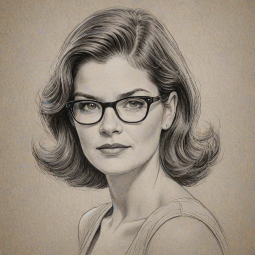 Alluring Betsy Brandt, pencil sketch, portrait of Stunning woman 1938s in glasses, hair style beatnik, outline, clear lines, fine lines, 8k