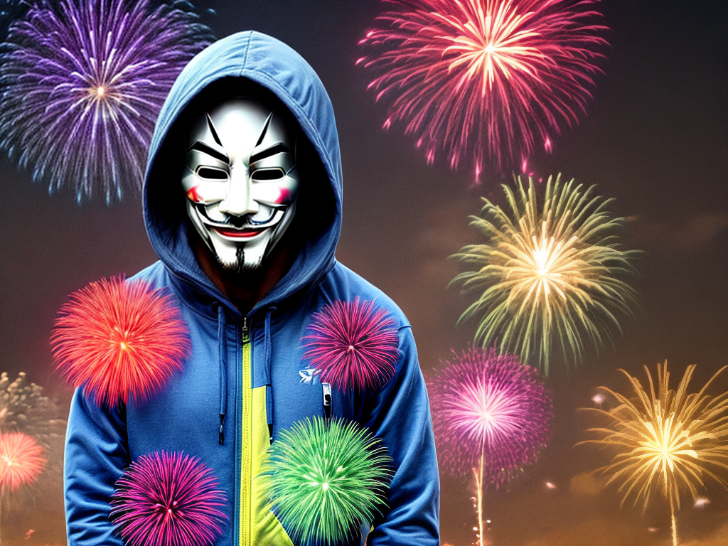 Hoodied Anonymous mask man with a colorful fireworks background