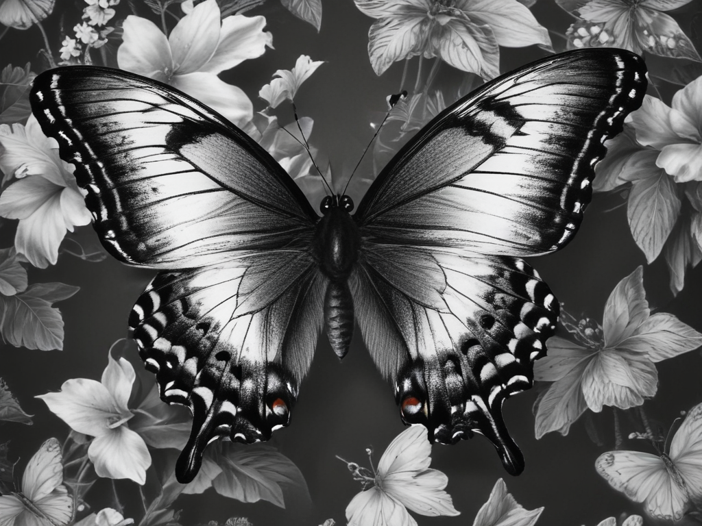 Elegant Black and White Butterfly Against a Floral Background of Beauty