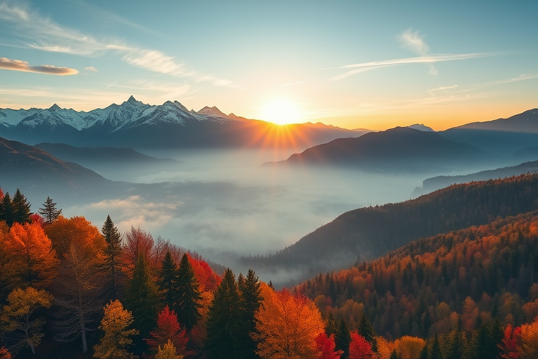 Capture a stunning aerial view of a misty mountain landscape at sunrise, featuring snow-capped peaks and vibrant autumn foliage, with a Canon EOS R5, 24mm lens, f/8 aperture, ISO 100, 1/125 sec exposure, ensuring enhanced clarity and depth.