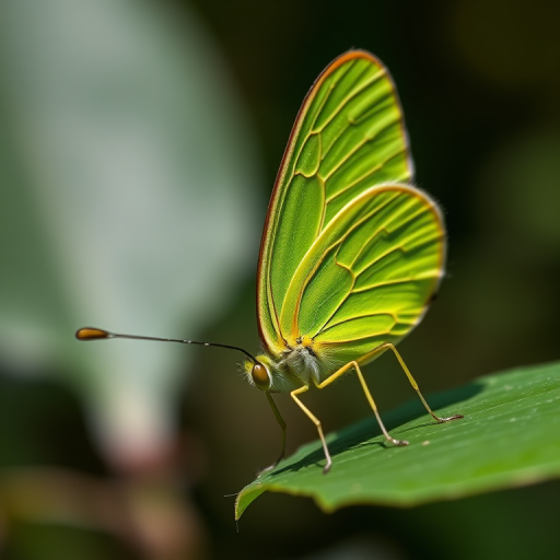Close-up of a vibrant green butterfly resting on a leaf, natural outdoor lighting, aperture f/2.8, ISO 200, 1/200s shutter speed, macro lens, DSLR camera.