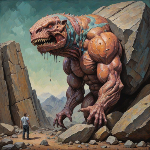 A detailed and anatomically presented mr stone-eater stands and bites into a huge boulder. surreal abstract art, grunge oil colors on canvas, textured background
