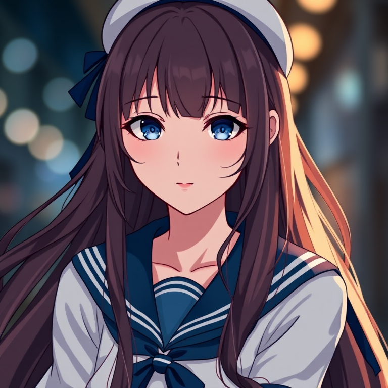 Create a high-resolution portrait of a female character in a sailor outfit with long flowing hair, using a Canon EOS R5 with a 50mm lens at f/1.8, ISO 100, 1/200s shutter speed, shot from a slightly low angle to enhance facial features and background bokeh effect.