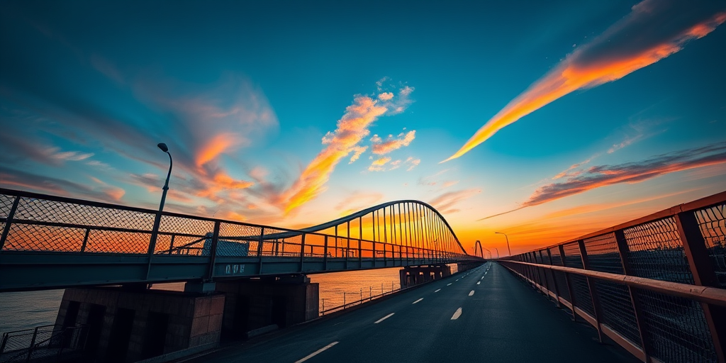 Generate a high-quality image of a bridge at sunset with a wide-angle view, using a DSLR camera with a 24mm lens at f/8, ISO 100, and a shutter speed of 1/250 seconds, capturing vibrant colors and detailed textures.