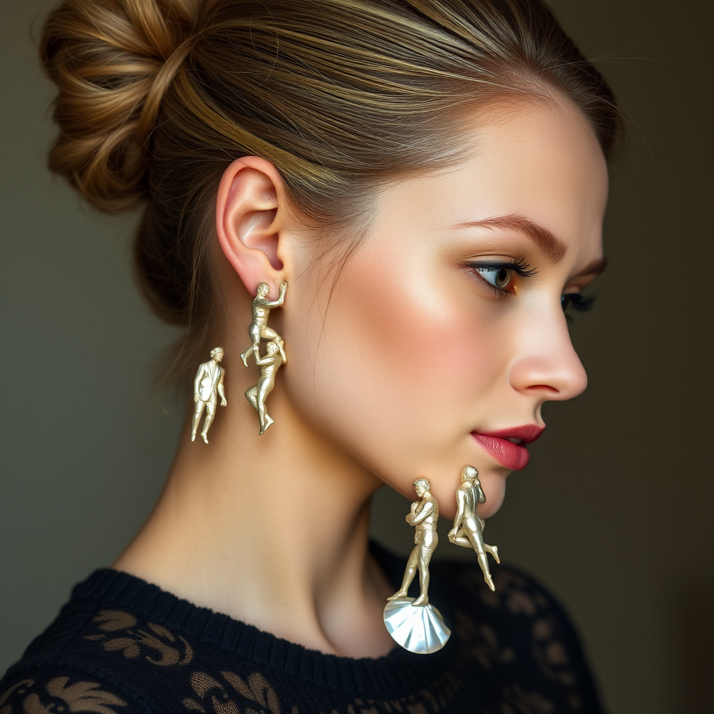 beautiful young lady with hair done up, and an exquisite pair of earings, made from mother of pearl, shimmering, and composed of different men in poses as he climbs up the long earing