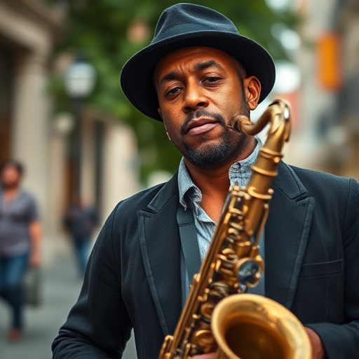 Portrait of a saxophonist playing on the street, captured with a shallow depth of field, 50mm lens, f/1.8 aperture, soft natural lighting, at a low angle to emphasize the musician's expression and outfit, using a DSLR camera.