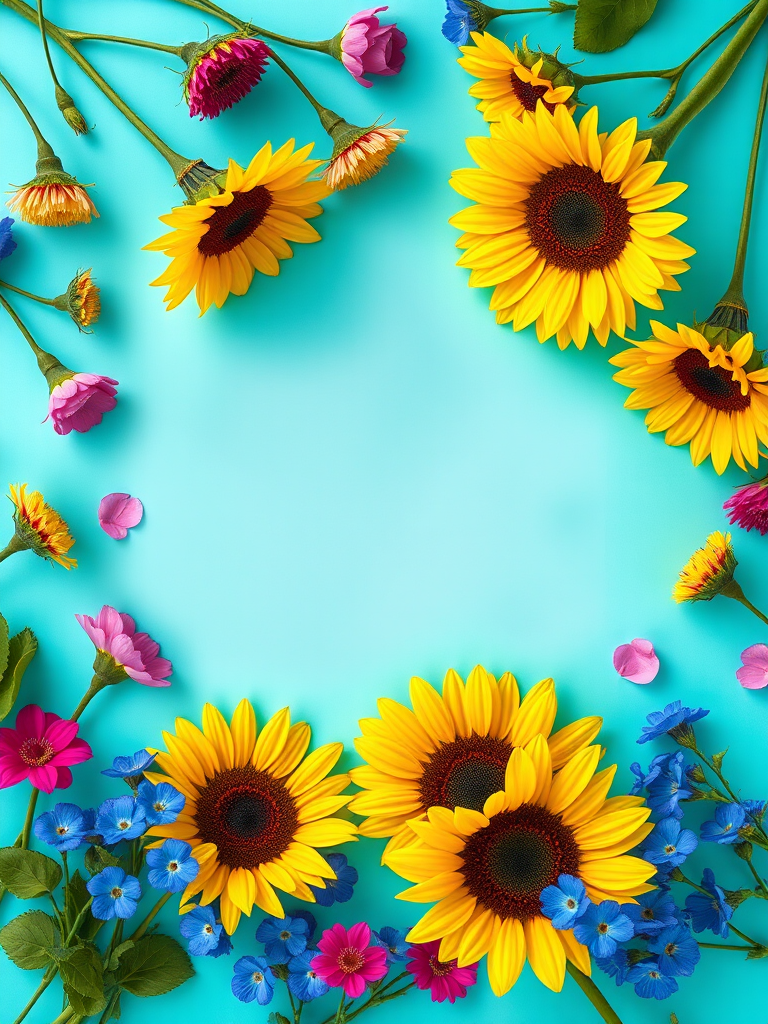 Create a vibrant floral frame with sunflowers, pink flowers, and blue flowers on a bright turquoise background, using a DSLR camera set to f/2.8, ISO 100, 50mm lens, top-down view, and vibrant color enhancement for clarity and vividness.