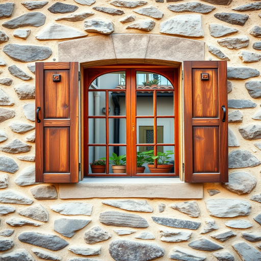 Capture a rustic window with wooden shutters on a textured stone wall, potted plants visible in the window, natural light, aperture f/8, shutter speed 1/125s, ISO 200, shot from a straight-on view using a DSLR camera.