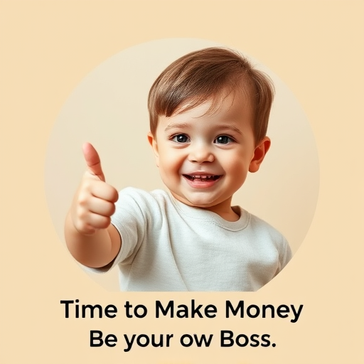 create an image of a happy toddler giving a thumbs up with a neutral background, circular frame around the child, text at the bottom saying "Time to Make Money" and "Be your own Boss," using a DSLR camera with a 50mm lens, f/1.8 aperture, ISO 200, 1/200 sec shutter speed, close-up view, soft lighting style