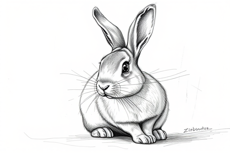 Create a detailed illustration of a rabbit, sketched in a realistic style with fine lines and shading, utilizing a Canon EOS 5D Mark IV camera, aperture f/8, ISO 100, shot from a low angle perspective to enhance depth, with soft natural lighting.