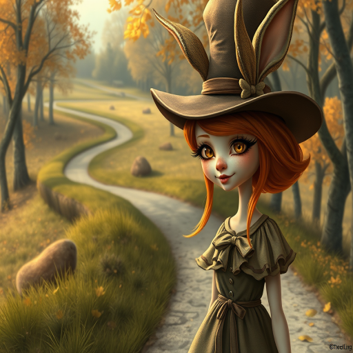 digital art fantasy depicting a strange girl with orange hair, long eyelashes, brown lipstick and a tall hat walking along a winding road on an autumn afternoon, an Hare smiles as she passes