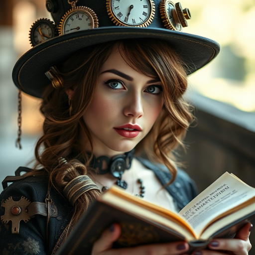 Create a steampunk-themed portrait of a woman with intricate clockwork accessories, wearing a hat adorned with gears and a clock, holding an open book, captured in soft natural light with a shallow depth of field, using a 50mm lens at f/1.8, ISO 200, and a DSLR camera, with a vintage style.